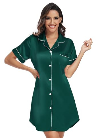 North Bund Chemise De Nuit Femme Manches Courtes Robe Sexy Col en V Bouton Devant Vêtements Nuisette Satin Shirt Pyjama Maternité Allaitement Vert XXL