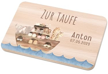 Bärenfreunde - Individuelles Holzbrett mit hochwertigem Spezial-Druck für Kinder - Personalisiertes Frühstücksbrettchen - Niedliche Motiv-Brettchen mit Namen (Arche Noah Taufe)