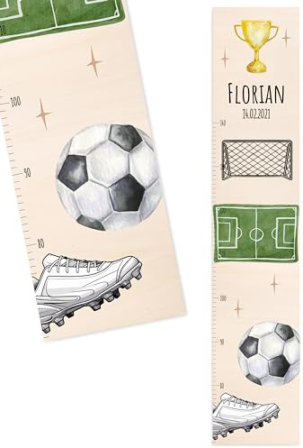 Bärenfreunde® - Personalisierte Messlatte Kind Holz zum Kleben oder Aufhängen - Skala 70-140cm - Süße Dekoration für Baby- & Kleinkinderzimmer (Kinder 70-140cm, Fußball)