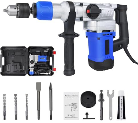 SDS-Plus 1800W Heavy Duty Rotary Hammer Drill Electic Corded Impact Drill 4 Functions - Drill, Chisel, Rotation, Hammer, 0-4500RPM, 4.0 Joule Impact Force, 3Pcs Drill Bits and 2Pcs Chisel with Case