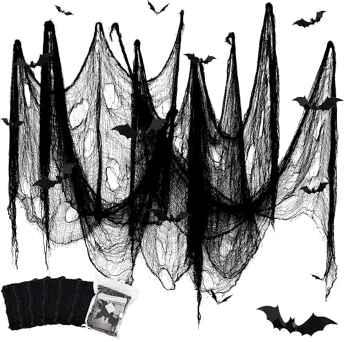 YuSaug Halloween Deko Stoff, 5 Stücke Gruselige Stoff 183 * 76CM mit 12 Fledermaus Aufkleber, Gruseltuch Halloween Party Spukhaus Gruselige Dekoration (6 Schwarz)