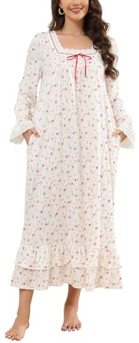 Rubehoow Women's Vintage Flroal Nightgown Knit Long Sleeve Smocked Chest Long House Dress with Pockets (Vintage Rose, L)