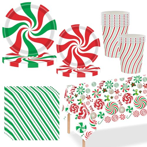 69pcs Christmas Party Tableware Set,Red White Lollipop Christmas Disposable Plates Napkins Cups and Xmax Tablecloth,Xmax Dinnerware Xmas Party Table Decorations for Christmas Party Supplie