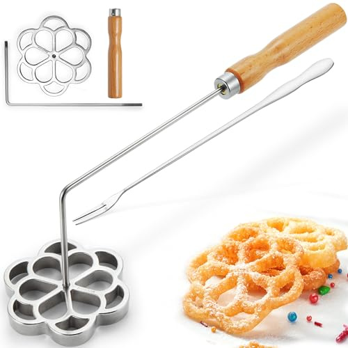 MUMSUNG Bunuelos Mold with Handle, 304 Stainless steel Rosette Maker with Long Fork- 4 Molde Para Buñuelos de Viento Moldes Mexicanos, Rosette Mold Tools Set for Kitchen Cooking
