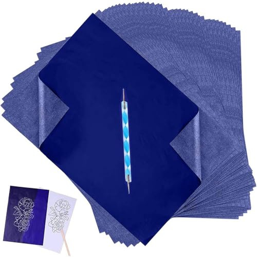 Yesallwas 50 Blatt Kohlepapier, A4 Blau Pauspapier DIY Handwerk Transferpapier für Holz Papier Segeltuch Glas Keramik und Andere Oberflächen mit 1 Pcs Präge-Stift-Punktierungswerkzeuge