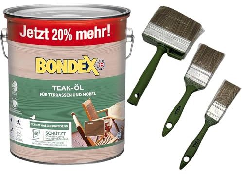 zbs24 Bondex Teak Öl 3 Liter, für Terrassendielen und Möbel, exellenter Wetter-und UV-Schutz, Schützt und Pflegt Hölzer im Aussenbereich inkl. 3 teiligem Pinselset