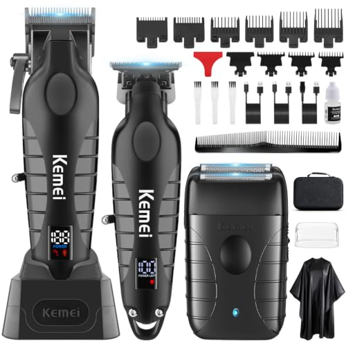 KEMEI Professional Hair Clippers for Men, Cordless Complete Barber Clipper T-Blade Trimmer Foil Shaver Set, Electric Hair Cutting Full Kit with 9 Guide Comes, USB Rechargeable, LED Display
