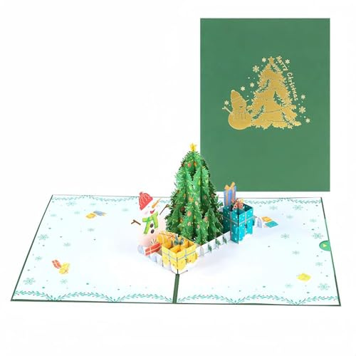 Weihnachtskarte,Grußkarten für Weihnachten 3D Pop Up, Geschenkkarte,Weihnachtskarte mit Weihnachtsbaum Schneemann,Glückwunschkarte mit Umschlag (grün)