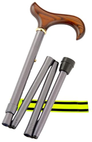 Gehstock Faltstock 4-teilig schlank höhenverstellbar faltbar – aus Aluminium mit Derby-Griff aus Hartholz - belastbar bis 100 kg + Olanmarp Klettarmband mit Streifen