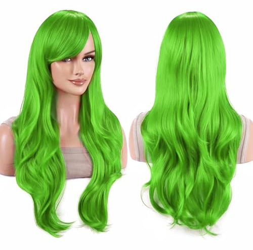 IMISSU 70cm de pelo largo pelucas onduladas de agua con flequillo peluca de disfraz de cosplay (Verde Manzana)