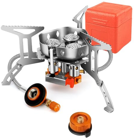Hengrongshen Hornillo de camping de 6800 W, hornillo de gas para camping, 3 fuegos, con encendido piezoeléctrico, resistente al viento, plegable, para todos los cartuchos de rosca, quemador de gas con