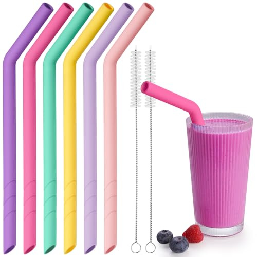 NiHome 6 Stück Silikon Strohhalme Wiederverwendbar, Extra Breite Trinkhalme für Boba, Smoothies & Bubble Tea – Zuschneidbare Länge, BPA-frei, mit 2 Reinigungsbürsten, Spülmaschinenfest（Mädchenfarben）
