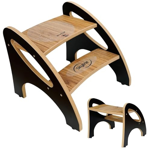 Skyline Tritthocker für Kinder, Tritt-Schemel, Kinderschemel mit 2 Stufen, mit Antirutschmatte und Griff, multifunktional, für Badezimmer, Küche, Kinderzimmer (Schwarz-Holzimitat)