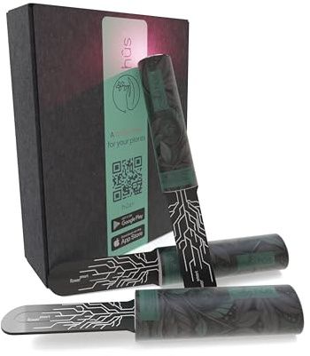 hûs+ Flower smart 【 A Babysitter for Your Plants 】 Smart WiFi Pflanzensensor Gießanzeiger Feuchtigkeitsmesser für Pflanzen - Bodentester Wasserdicht WLAN Sensor digital (3, Botanical Black)