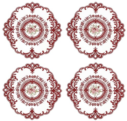 QUARKZMAN 4 Stück Retro Spitzen Tischsets, französische Häkeldeckchen Runde bestickte Hohle Tassen Vasen Tischmatte für Esstisch Küchenparty 28x28cm, Weinrot