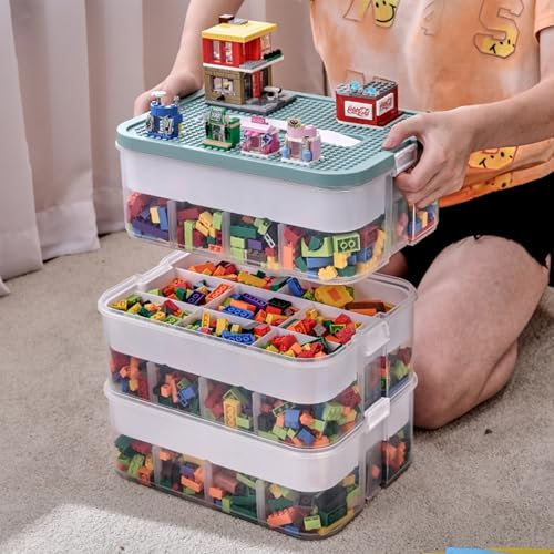 KIMIGO Scatole di Plastica per Lego, 3 Strati Trasparenti Scatola Giochi per Bambini con Scomparti,Contenitori Mattoncini Impilabili,per Riporre i Giocattoli dei Bambini (Solo scatola)