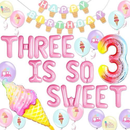 3rd Birthday Decorations for Girls Three is So Sweet Ice Cream Party Decorations Threenager Birthdays Party Decoration for Summer Ice Cream Party Decorations