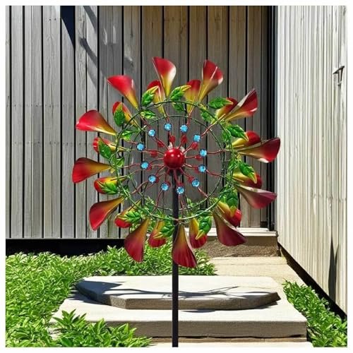MeLtor Solar Windrad Metall Garten, 210 cm Windrad Balkon, DoppelflüGel-WindmüHle Windspiele Aus Edelstahl, Wetterfestes Gartendeko