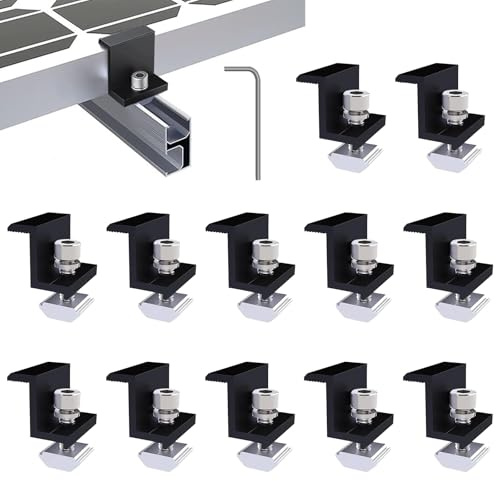 12 Piezas Abrazadera de Extremo Solar, Soportes Placas Solares de Abrazadera 30mm, con Tuercas y Tornillos, Pinzas para Sujetar Módulos Solares Fotovoltaicos en Techos de Autocaravanas, Negros