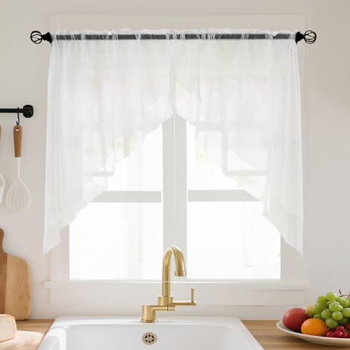 HiSnug Curtain 2er Set Weißer Voile Küche Scheibengardine mit Tunnelzug, Double Layered Design, Geeignet für Balkon, Café, Wohnwagen, H80 x B80 cm