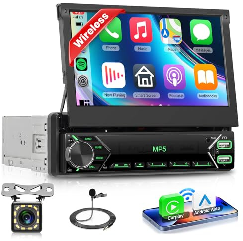 VECHTEL Autoradio 1 Din Carplay Android Auto Wireless mit 7 Zoll Manuell einziehbar Bildschirm,FM Radio mit Bluetooth,GPS,Mirror Link,2 USB/Type-C/TF,Auto Radio mit Rückfahrkamera/Lenkradsteuerung