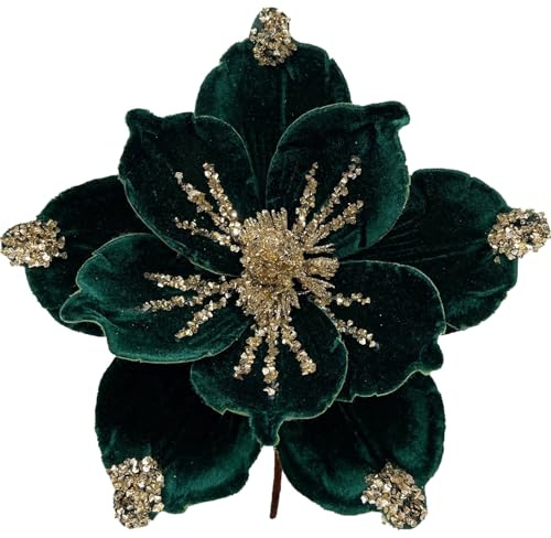 GL-Turelifes 6 Stück 10’’ Größeres Glitter Weihnachtsblume Künstliche Magnolia Blumen Samt Falten Weihnachtsbaum Blumen Dekorationen Weihnachtsbaum Neujahrsfest Hochzeitsornamente (Dunkel Grün)