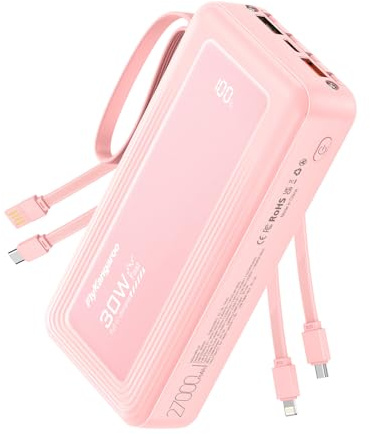 Batterie Externe, 30W 27000mAh Power Bank Charge Rapide avec Câbles Intégrés, Batterie Portable USB C Input & Output PD & QC4.0 PowerBank Compatible avec iPhone 15 14 13 Pro Max Mini Plus iPad