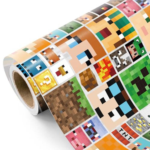 RUSPEPA Rotolo di carta da regalo per videogiochi - Mini rotolo - 43,2 cm x 3 m - Carta da regalo pixel con personaggi dei videogiochi, perfetta per ragazzi, compleanni, gamer Adolescenti