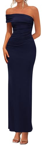 PRETTYGARDEN Women's 2026 Wedding Guest Cocktail Dresses One Off The Shoulder Ruched Bodycon Formal Maxi Party Summer Outfits (Navy Blue,X-Large)