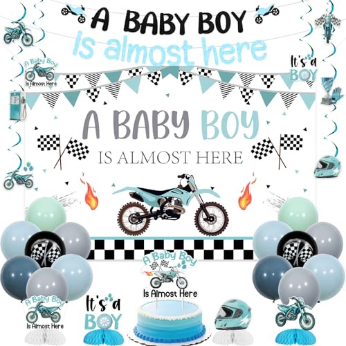 Wonmelody Dirt Bike Baby Shower Decorations A Baby Boy is Almost Here Backdrop Banner Motorbike Cake Topper It's a Boy Honeycomb Centerpieces Motorcycle Hanging Swirls for Vintage Race Newborn Party