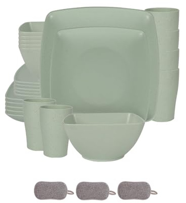 Juego de Cuadrados Vajilla de Plástico,Reutilizable Tazones Platos Vasos,Platos Coloridos Irrompibles,Apto Para Microondas y Lavavajillas,Gran Capacidad,Para Casa y Camping (Verde, 24 Piezas)