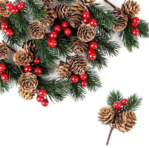 SSKHE Künstliche Tannenzapfen, Weihnachts-Tannenzapfen, Weihnachts-Tannennadeln mit Beeren für Handwerk, Garten, Weihnachtsblumenarrangements, Kränze, Dekoration, 12 Stück