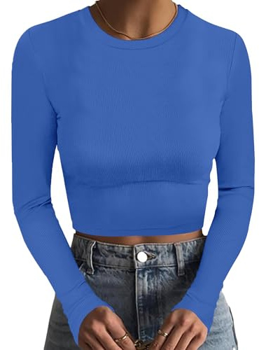 DUOEASE Camiseta Manga Larga Mujer Cuello Crew Crop Top Mujer Slim-fit Costilla Top Otoño Azul-XS
