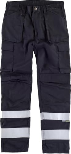WORKTEAM Pantalón de Trabajo, Triple Costura con Cintas Reflectantes, Bolsillos Multifunción y Refuerzo para Rodilleras, Ajuste Lateral y Tejido Resistente 300 g/m². Unisex Negro 40