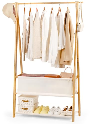 Relquorax Klädställ bambu, garderobsställ, öppen garderob med förvaringsväska och hylla, klädstång krok, stabil för sovrum, hall (M – 100 cm)