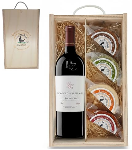 Estuche Gourmet 4 Quesos Artesanos de Leche Cabra con Botella Vino Tinto Pago de los Capellanes | Caja de Madera | Queso Semicurado, Romero, Pimentón y Curado | Regalo Gastronómico | Ganadería Propia