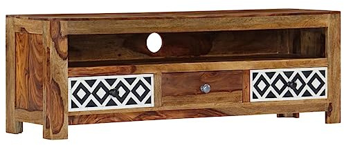 HaoChrymec TV-Schrank Aus Akazie Massivholz, Mit 3 Schubladen, 1 Offenem Fach, Fernsehkommode, TV Cabinet for Living Room, Für Wohnzimmer, Natur und Weiß, 120 x 30 x 40 cm