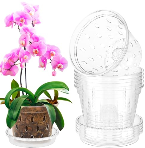 KEGAJEGA Set di 5 Vasi per Orchidee 12,5 cm Vaso per Piante con Sottovaso Trasparente con Foro di Drenaggio per Dendrobium Phalaenopsis-Orchidea Lilium Pekinensis Gardenia Sansevieria (M)