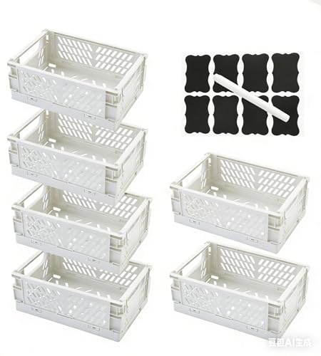 Paket med 6 vikbara lådor, hopfällbara förvaringskorgar, förvaringslåda för korgar, hopfällbara förvaringskorgar med handtag, stapelbara för kök, kontor, låda (Vit, 15×9.7×6 cm)