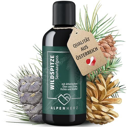 ALPENHERZ Saunaaufguss - 100% naturrein - 100ml mit ätherische Öle aus Zirbenöl, Fichte & Kiefer Saunadüfte Aufgussmittel Saunaöl Sauna Zubehör Saunaduft Aufguss Geschenkset