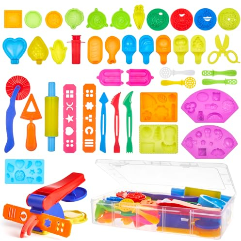 Lictin Knete Zubehör, 43 Stück Set Knetwerkzeug für Kinder, Play Doh Zubehör Küchenspielzeug, Creation Burger & Pizza, Kinderknete, Nudelholz