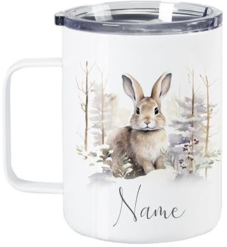 GRAZDesign Tasse à vin chaud, avec couvercle et nom, personnalisable, motif de lapin dans la forêt, en acier inoxydable, 350 ml