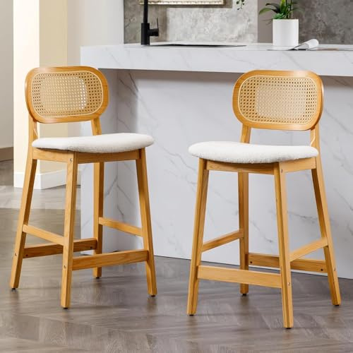 chairus Juego 2 de Taburetes Altos de Cocina de Madera Taburetes de Bar con Respaldo Ratán, Sillas Altas con Asiento de Lana Sintética para Isla de Cocina, Beige