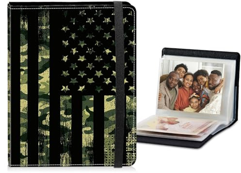 Small Photo Album 4x6 with Strong Elastic Band, 60-Page PU Leather Album Holds 120 Photos Album Cover Art Presentation Folder Picture Book Storage for Wedding Family Pets, Camouflage Flag