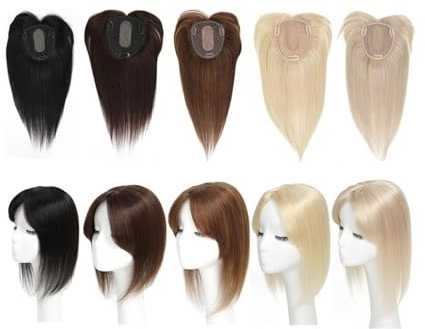 Haartopper für Frauen Glatter Haaraufsatz for Frauen mit Haarausfall, Clip-in-Topper-Haarteil mit Pony, natürliches Remy-Haar, 12 x 13 cm, Spitzenbasis-Haaraufsatz mit Pony Haarteil Topper Toupet Frau