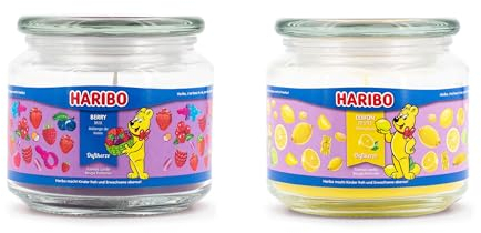Haribo Duftkerzen im Glas mit Deckel | 2er Set Berry Mix & Lemon Fruits (300g) | Kerzenset für Zuhause | Fruchtige Duftkerzen mit langer Brenndauer (50h)