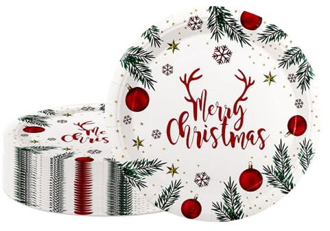 AHPYEUHK Assiettes en papier pour fête de Noël jetables de 18 cm 50 pièces Assiettes à dîner Assiettes à dessert Cloche de Noël Branche verte Décorations de fête