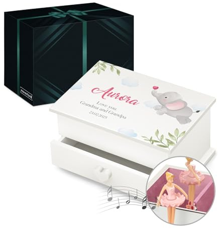 Maverton Personalised Ballerina Box for little princess - Treasure Box with Drawer for girl - Wooden Jewellery Box with overprint - Customised White Organiser for Birthday for her - Elephant