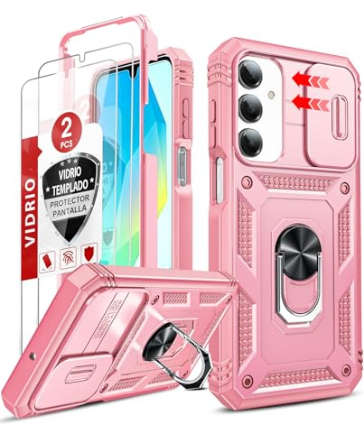 LeYi Militär Hülle für Samsung Galaxy A16 5G Kamera Schieber Handyhülle und 2 Displayschutz Glas, Armor Schutzhülle Stehfunktion Kamera Objektivschutz Case Ringhalterung A 16 Handy Hüllen Cover Rosa
