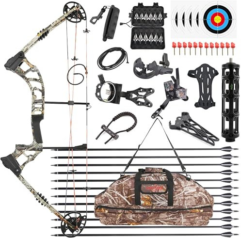 Poearcus Compound Bogen Set 0-70 Ibs Bogen und Pfeil Kit bis zu IBO 320 fps Bogenschießen Jagdausrüstung für Erwachsene Let Off:80% (Tarnfarbener Compoundbogen-Set)